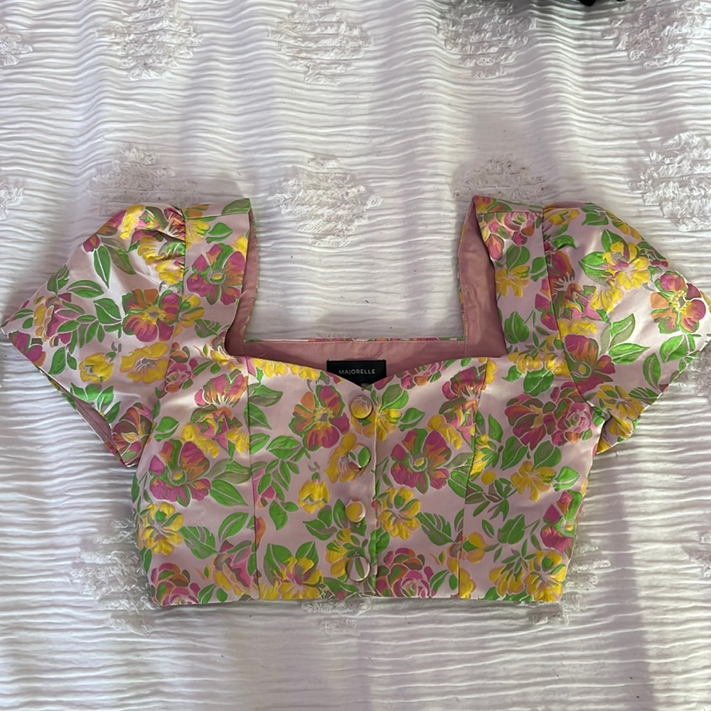 Majorelle Puff Sleeve Floral Crop Top